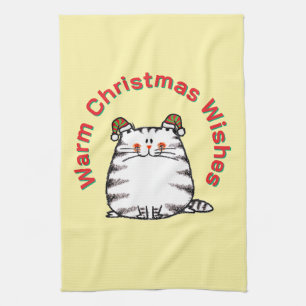 Linge De Cuisine Joli Chat Grassouillet Deux Chapeaux de Noël Vœux