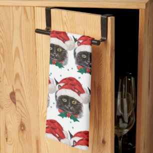 Linge De Cuisine Joli chat noir avec chapeau de Père Noël à Noël