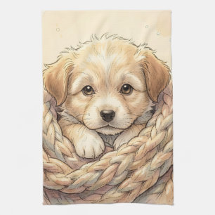 Linge De Cuisine Joli chiot enveloppé dans une couverture tricotée