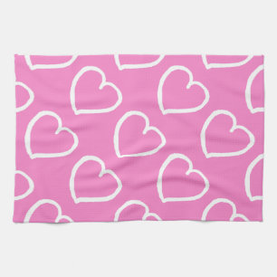Linge De Cuisine Joli coeur dessiné à la main design blanc sur rose