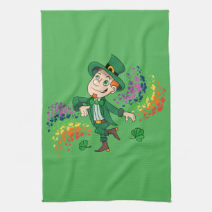 Linge De Cuisine Joli et souriant dancing leprechaun, un arc-en-cie