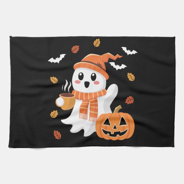 Linge De Cuisine Joli fantôme buvant un café glacé Halloween  (Horizontal)