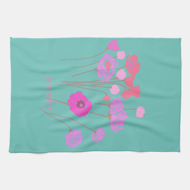 Linge De Cuisine Joli Floral moderne Turquoise (Horizontal)