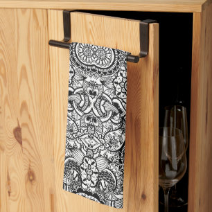Linge De Cuisine Joli floral paisley noir blanc