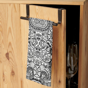 Linge De Cuisine Joli floral paisley noir et blanc