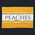Linge De Cuisine Joli Jaune Jaune Bleu Blancs PEACHES Texte<br><div class="desc">Ce design amusant et élégant présente une police noire moderne à l'intérieur d'une large bande blanche centrale surlignée de rayures noires, jaunes et orange sur un arrière - plan jaune vif orangé avec des PEACHES écrites à travers le design. Faites-le vous-même : la couleur de bande centrale et la couleur...</div>