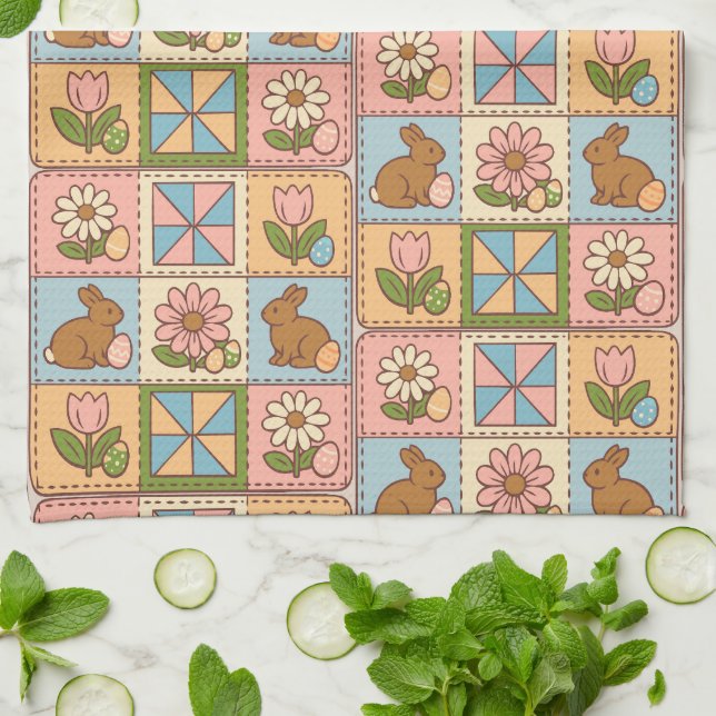 Linge De Cuisine Joli lapin de Pâques pastel en patchwork de fleurs (Plié)