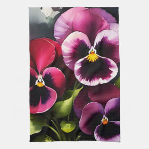 Linge De Cuisine Joli marron noir rouge pansies aquarelle peinture