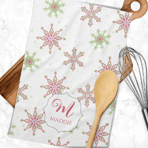 Linge De Cuisine Joli Monogramme Flocon de Neige Coloré Noël Fêtes