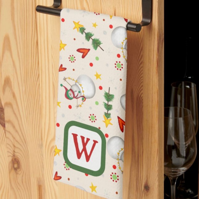 Linge De Cuisine Joli Monogramme Snowman Noël initial (Créateur téléchargé)