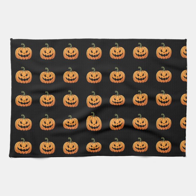 Linge De Cuisine Joli Motif Citrouille Éffrayant Noir Halloween (Horizontal)