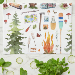 Linge De Cuisine Joli motif de camping   Illustrations aquarelles