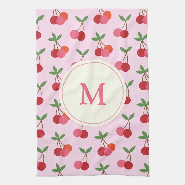 Linge De Cuisine Joli Motif rose et rouge cerises Monogramme person (Vertical)