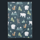 Linge De Cuisine Joli Noël Animaux d'hiver Motif rustique<br><div class="desc">Serviette de cuisine avec un motif fantaisiste fantaisiste. Ours polaires,  rennes,  arbres,  renards et flocons de neige. Sur un arrière - plan vert foncé.</div>