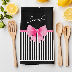 Linge De Cuisine Joli Nom Ruban Rose Rayures Noir et Blanc