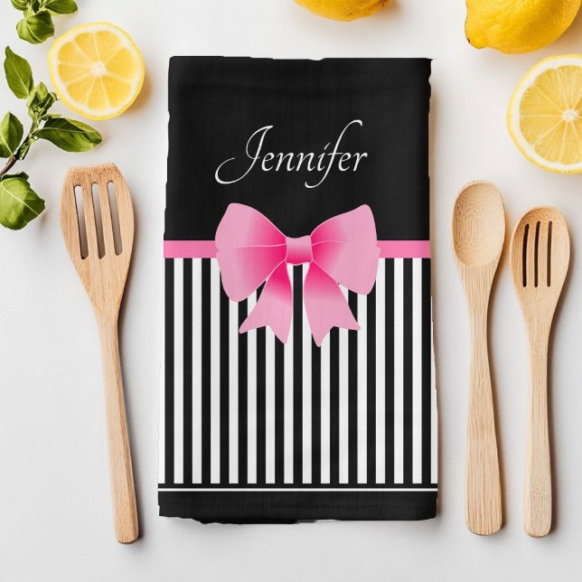 Linge De Cuisine Joli Nom Ruban Rose Rayures Noir et Blanc (Cute Name Pink Ribbon Black White Stripes Pattern Kitchen Towel)
