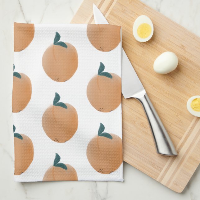 Linge De Cuisine Joli Orange Pêche Fruit Dessiné à la Main  (Quart Plié)