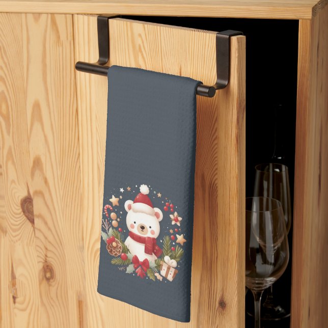 Linge De Cuisine Joli ours de Noël/hiver dans une couronne (Pliage en tiers)