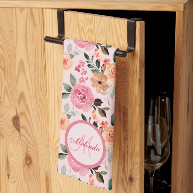 Linge De Cuisine Joli Rose, Orange Tan Floral Monogramme (Pliage en tiers)