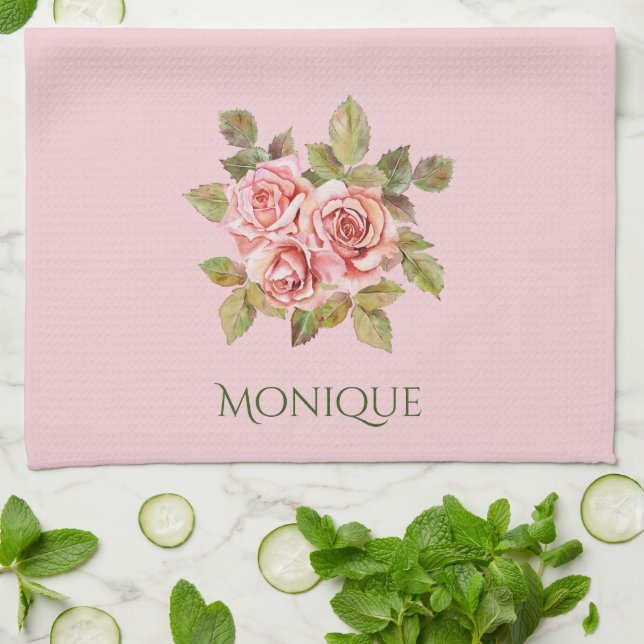 Linge De Cuisine Joli rose Vintage Roses Personnalisées (Plié)