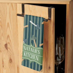 Linge De Cuisine Joli sauge vert monogramme champignon motif rétro