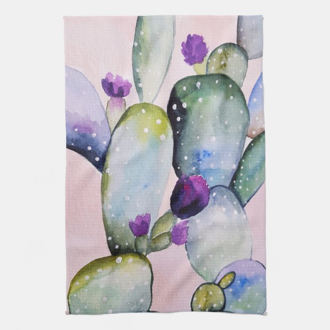 Linge De Cuisine Jolie aquarelle Cactus & Blossoms (Vertical)