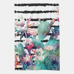 Linge De Cuisine Jolie aquarelle Cactus Floral Black Stripes