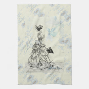 Linge De Cuisine Jolie Dame Vintage Et Fleurs Bleues
