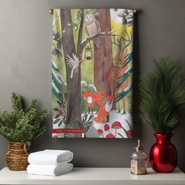 Linge De Cuisine Jolie forêt d'animaux verts Noël (Cute woodland animals green forest Christmas Kitchen Towel)