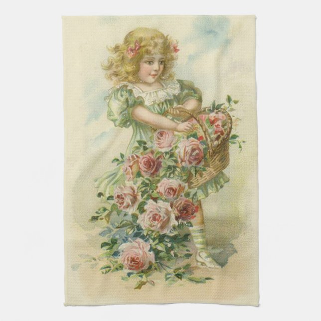 Linge De Cuisine Jolie petite fille roses roses (Vertical)