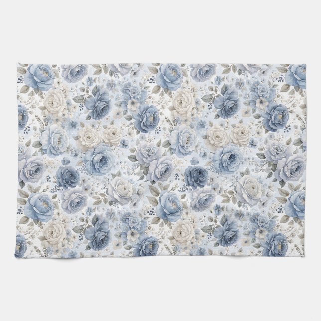 Linge De Cuisine Jolie Rose Bleue Aquarelle  (Horizontal)