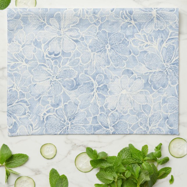 Linge De Cuisine Jolies Fleurs Blanches Bleues   (Plié)