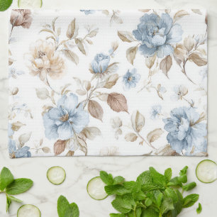 Linge De Cuisine Jolies Fleurs Bleues Crème Marron Brun