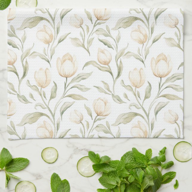 Linge De Cuisine Jolies fleurs de tulipes crème (Plié)