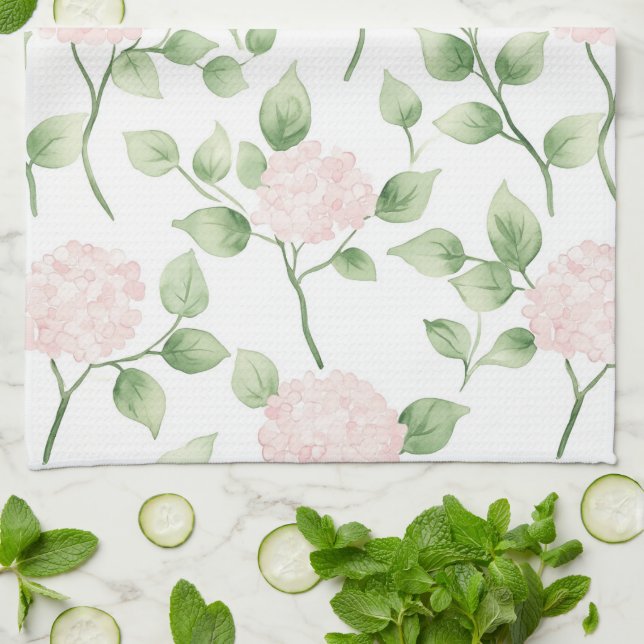 Linge De Cuisine Jolies Fleurs Roses Feuilles Vertes   (Plié)