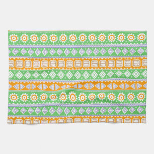 Linge De Cuisine Jolis motifs ethniques orange et vert