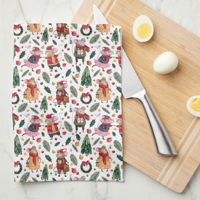 Linge De Cuisine Jolis souris de Noël sur fond blanc (Quart Plié)