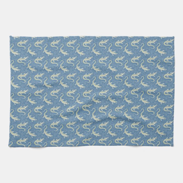 Linge De Cuisine Jouer Alligator Vert Paisley sur Bleu (Horizontal)
