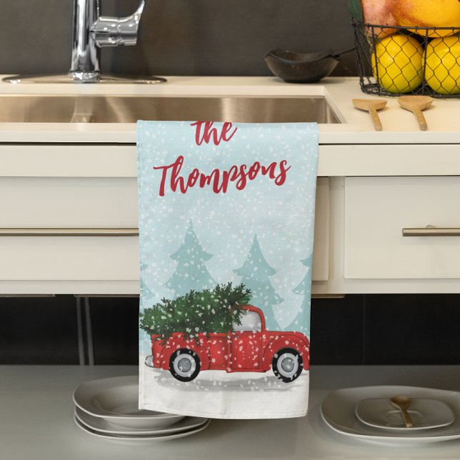 Linge De Cuisine Jour mignon Script Aquarelle Russe Camion Rouge (Custom classic rustic red truck kitchen towel. )