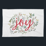 Linge De Cuisine Joy Aquarelle Floral Rouge Script<br><div class="desc">Design de typographie florale de l'aquarelle de Noël</div>