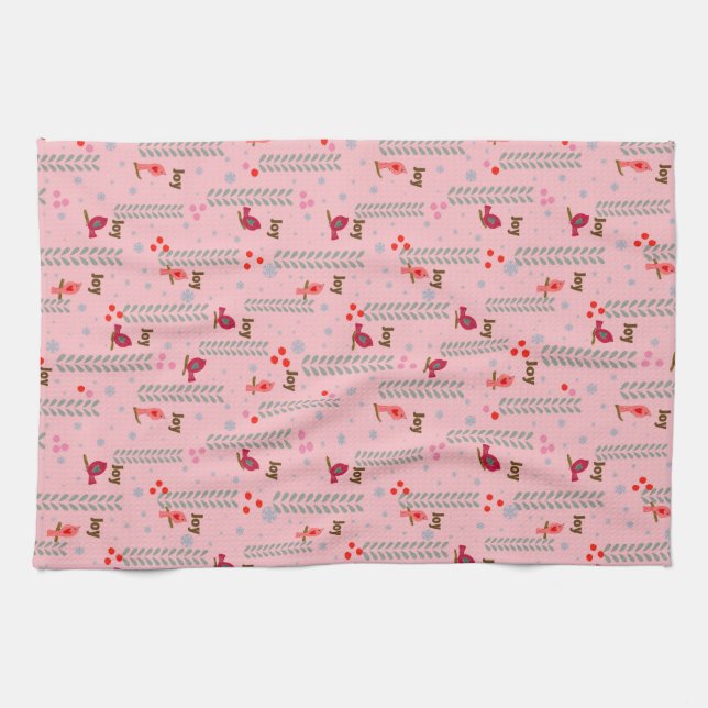 Linge De Cuisine Joy birds Noël - rose (Horizontal)