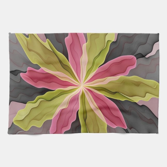 Linge De Cuisine Joy, Vert rose Anthracite Imaginaire Fleur Fractal (Horizontal)