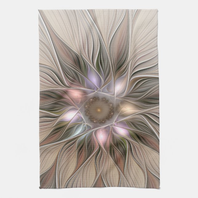 Linge De Cuisine Joyeuse Fleur Abstrait Beige Brown Floral Fractal (Vertical)
