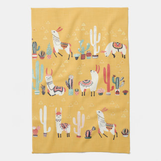 Linge De Cuisine Joyeuse lama aux fleurs et cactus Aquarelle