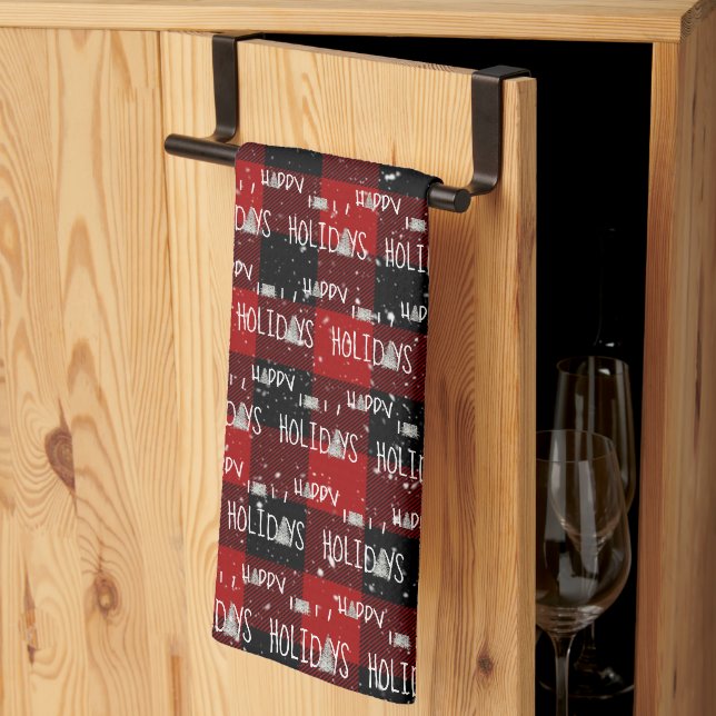 Linge De Cuisine Joyeuses Fêtes Arbres Blancs Sur Plaid De Buffalo (Pliage en tiers)
