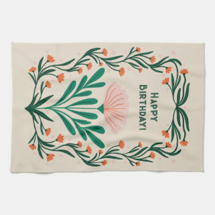 Linge De Cuisine Joyeux Anniversaire cadre floral élégant