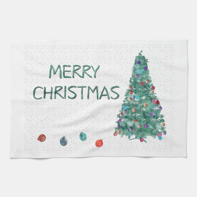 Linge De Cuisine Joyeux arbre d'aquarelle de Noël (Horizontal)