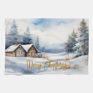 Linge De Cuisine Joyeux Cabine de Noël dans un paysage enneigé