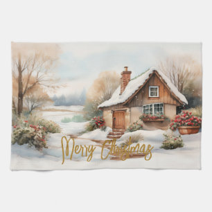 Linge De Cuisine Joyeux Cabine de Noël dans un paysage enneigé