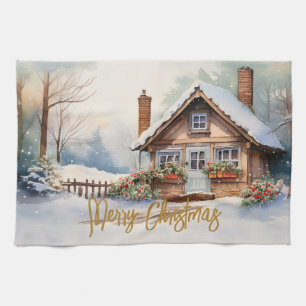 Linge De Cuisine Joyeux Cabine de Noël dans un paysage enneigé